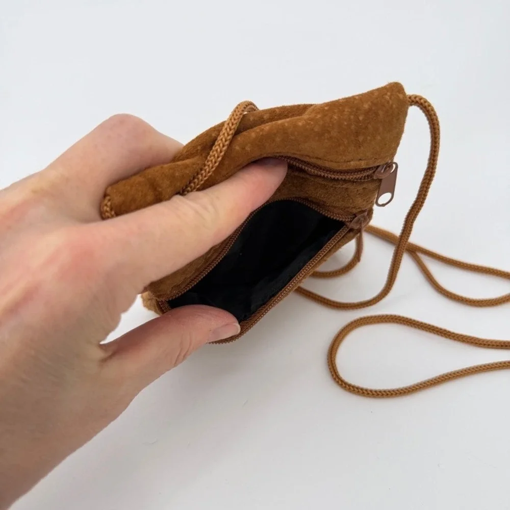100% Suede Leather Crossbody Bag‎ Patchwork Look Brown Mini Boho Festival Purse